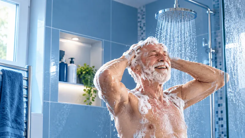 Senior heureux sous sa douche à l’italienne sécurisée